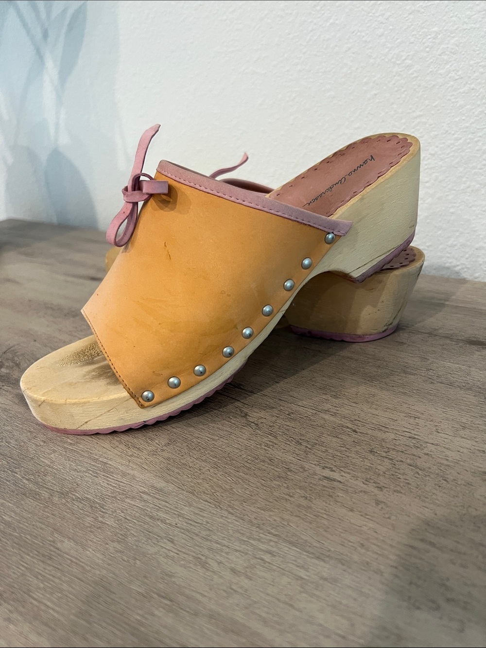 Hanna Andersson Women's Yellow Leather Clog Mules with Pink Trim